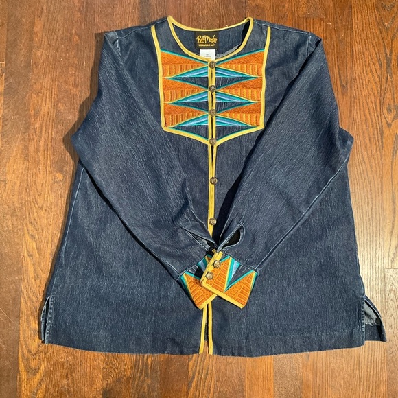 Bob Mackie Med Wearable Art Denim Shirt Inset/Cuffs Colorful Tribal Embroidery - Picture 15 of 16
